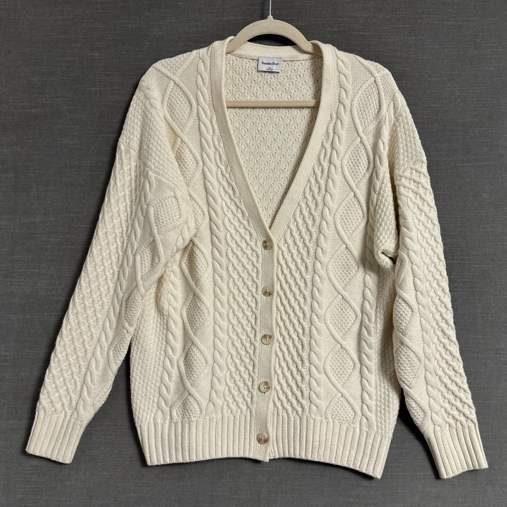 Aritzia Sunday Best Cardigan XS Cream Wool Chunky Cable Knit Sweater Fisherman